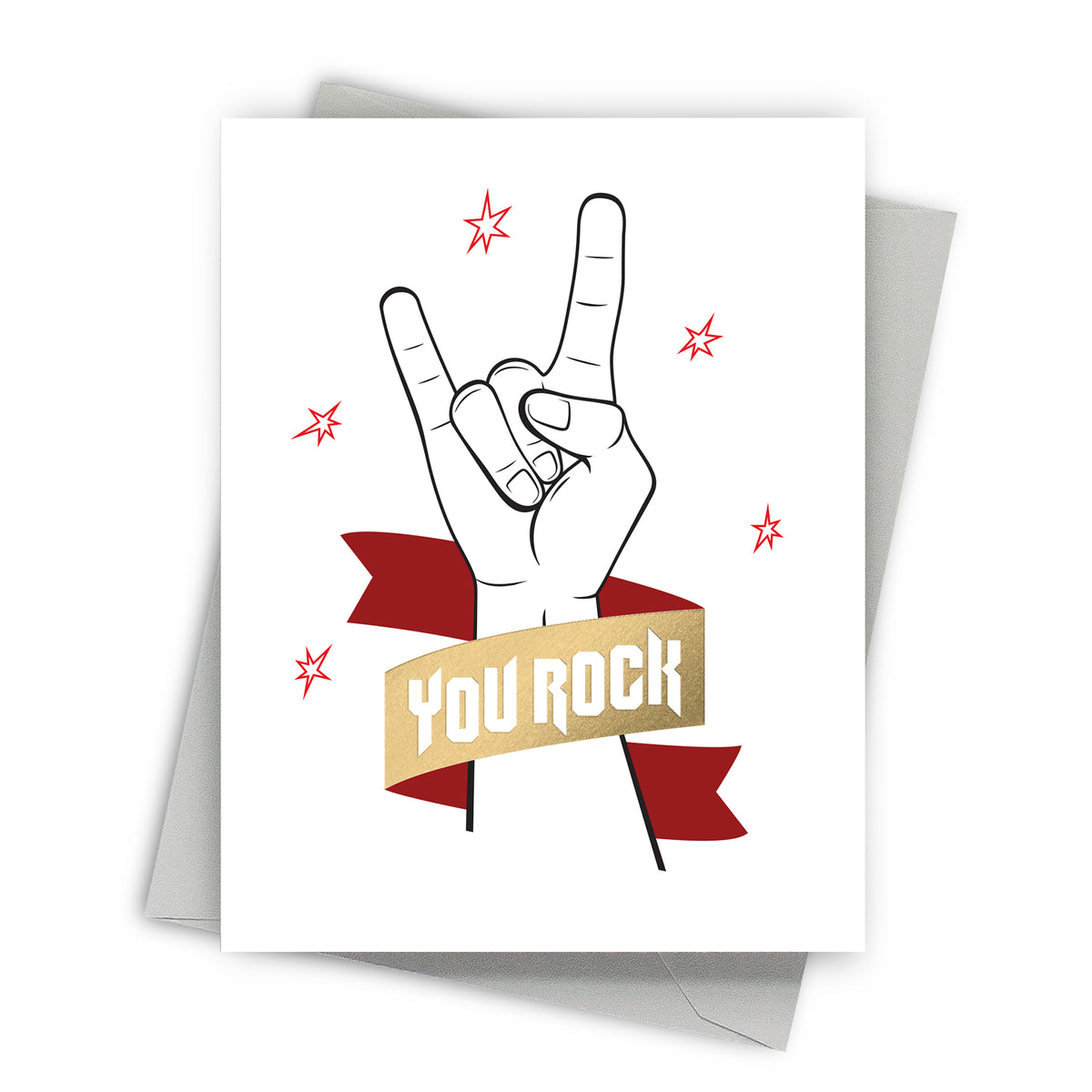 Greeting card with hand making a rock sign and 'You Rock' banner on a white background