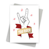 Greeting card with hand making a rock sign and 'You Rock' banner on a white background