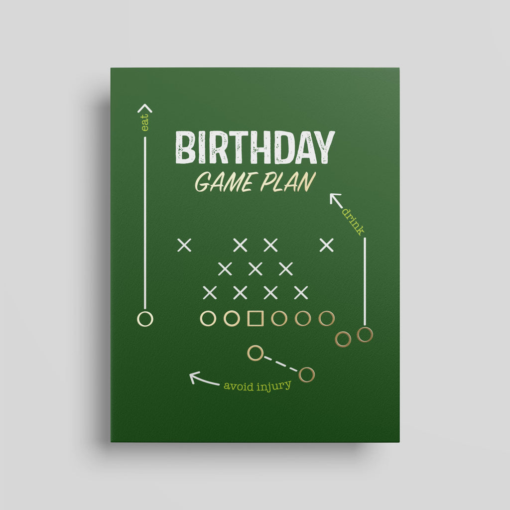 Green football birthday card featuring gold and white playbook symbols and the message “Birthday Game Plan: eat, drink, avoid injury.”