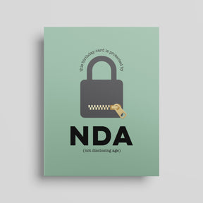 Video of green birthday card featuring a padlock with a message that reads "the birthday card is protected by NDA – not disclosing age"